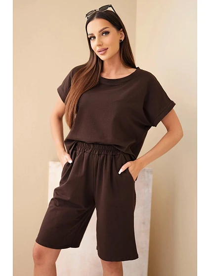 Dámský bavlněný komplet halenka krátký rukáv a kraťasy s gumičkou v pase hnědá