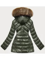 Lesklá zimní bunda v khaki barvě s mechovitou kožešinovou podšívkou (w674) Lesklá zimní bunda v khaki barvě s mechovitou kožešinovou podšívkou (w674)