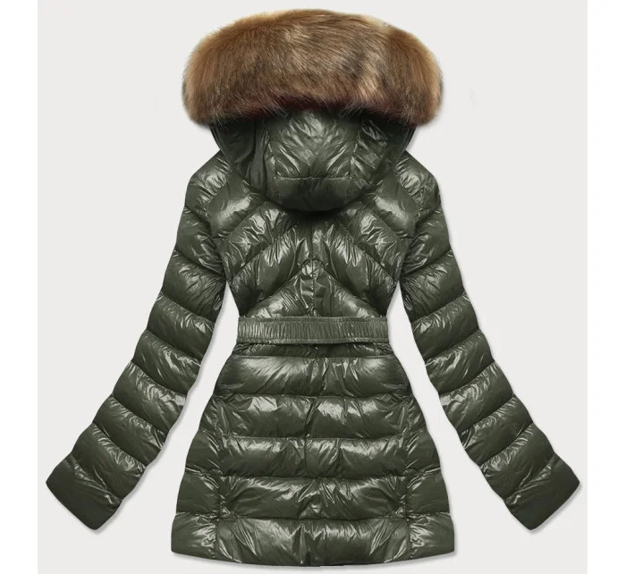 Lesklá zimní bunda v khaki barvě s mechovitou kožešinovou podšívkou (w674) Lesklá zimní bunda v khaki barvě s mechovitou kožešinovou podšívkou (w674)