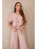 Komplet s náhrdelníkem halenka + kalhoty tmavě pudrově růžová Komplet s náhrdelníkem halenka + kalhoty tmavě pudrově růžová