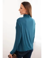Dámská viskózová blůza s vysokým límcem a dlouhým rukávem mořská