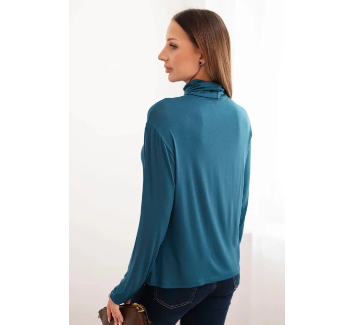 Dámská viskózová blůza s vysokým límcem a dlouhým rukávem mořská