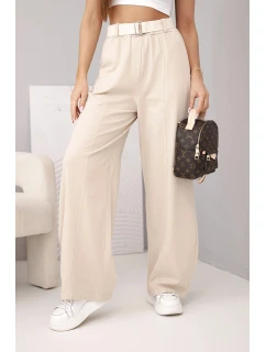 Dámské bavlněné kalhoty se širokou nohavicí a páskem béžové