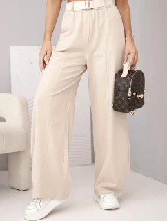 Dámské bavlněné kalhoty se širokou nohavicí a páskem béžové