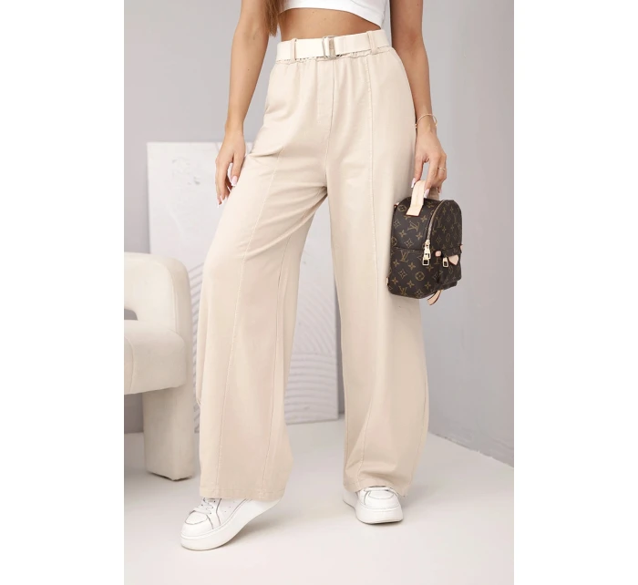 Dámské bavlněné kalhoty se širokou nohavicí a páskem béžové Dámské bavlněné kalhoty se širokou nohavicí a páskem béžové