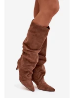 Vlněné Kozačky na Podpatku z Eko  Tmavě Béžové model 21757785 - Boto