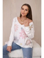 Svetrová halenka s barevnými květy růžová+šedá