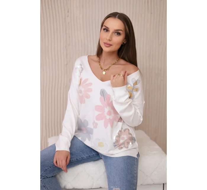 Svetrová halenka s barevnými květy růžová+šedá