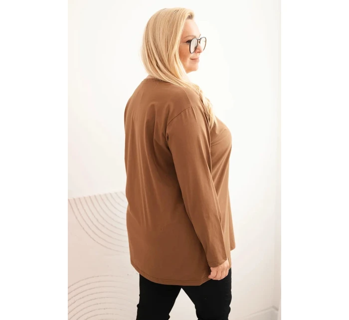 Dámská blůza Plus Size s výstřihem do V a dlouhým rukávem hnědá Dámská blůza Plus Size s výstřihem do V a dlouhým rukávem hnědá