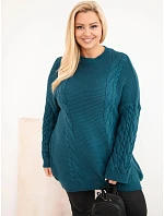 Dámský svetr Plus Size s copánkovým vzorem modrý mořský Dámský svetr Plus Size s copánkovým vzorem modrý mořský