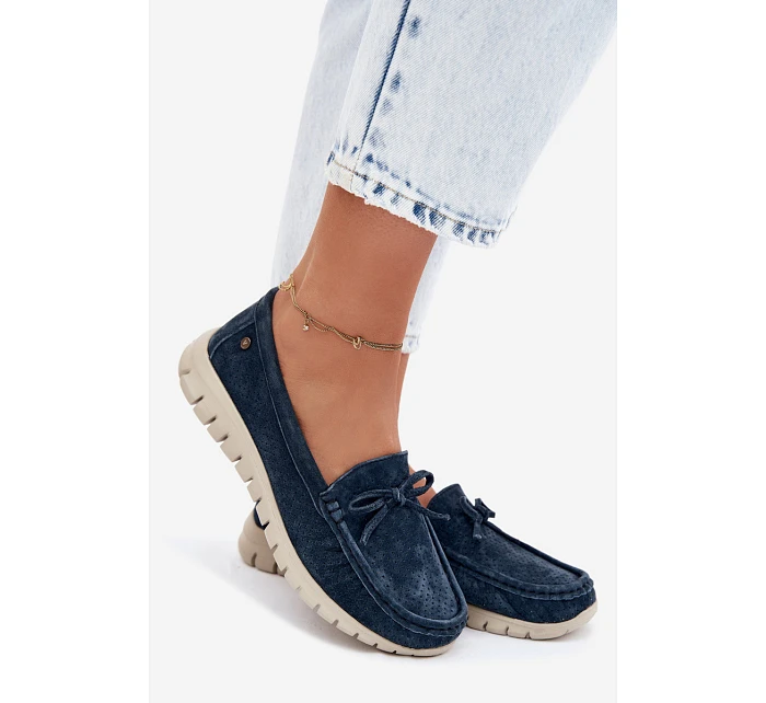 Dámské mokasíny z přírodního semiše s mašlí Vinceza 95401 tmavě modré