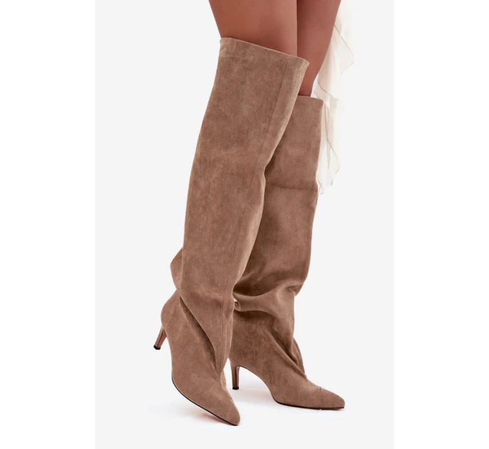 Dámské kozačky na jehlovém podpatku, vsuvné Mavilla – béžové