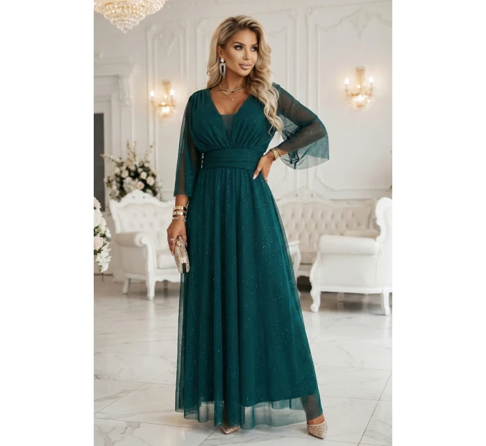 654-1 Dlouhé lesklé plus size šaty s výstřihem a průhlednými rukávy - lahvově zelené 654-1 Dlouhé lesklé plus size šaty s výstřihem a průhlednými rukávy - lahvově zelené