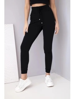 Dámské teplákové kalhoty s vysokým pasem a šňůrkou černé