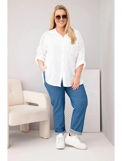 Dámská viskózová košile Plus Size s límečkem a krajkovou vsadkou bílá Dámská viskózová košile Plus Size s límečkem a krajkovou vsadkou bílá
