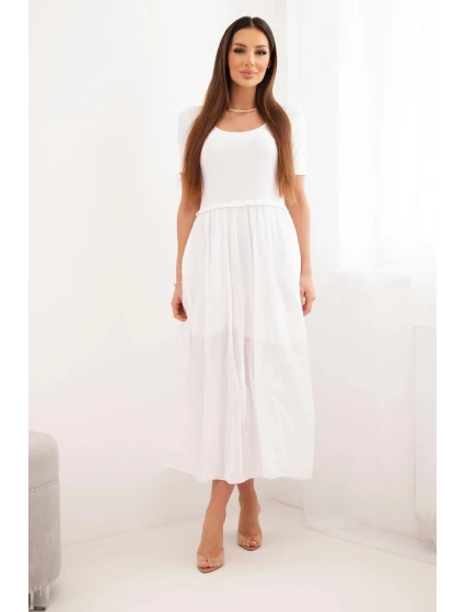 Dámské bavlněné midi šaty s krátkým rukávem a rozšířeným spodkem bílá