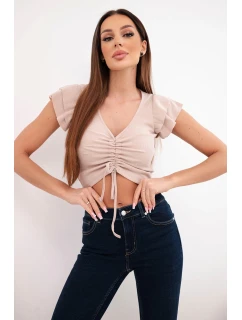 Dámská žebrovaná pruhovaná halenka na ramínkách s volánkem béžová