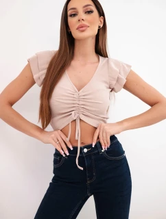 Dámská žebrovaná pruhovaná halenka na ramínkách s volánkem béžová