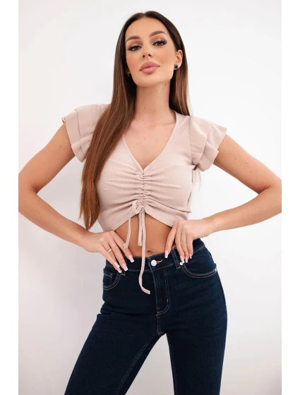 Dámská žebrovaná pruhovaná halenka na ramínkách s volánkem béžová