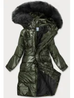 Dámská zimní metalická bunda v khaki barvě s kapucí (8295)