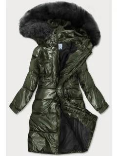 Dámská zimní metalická bunda v khaki barvě s kapucí (8295)
