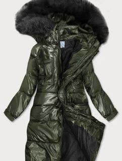 Dámská zimní metalická bunda v khaki barvě s kapucí (8295)