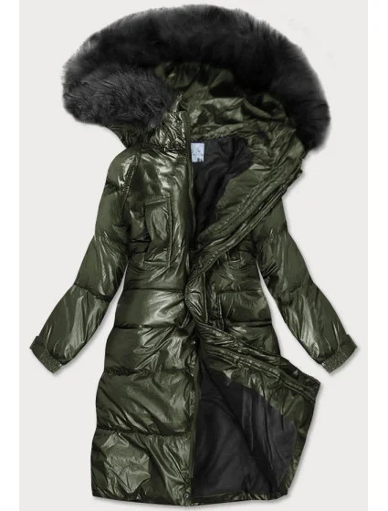 Dámská zimní metalická bunda v khaki barvě s kapucí (8295)