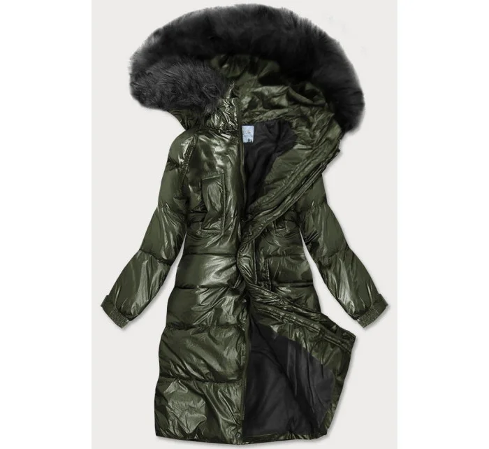 Dámská zimní metalická bunda v khaki barvě s kapucí (8295)