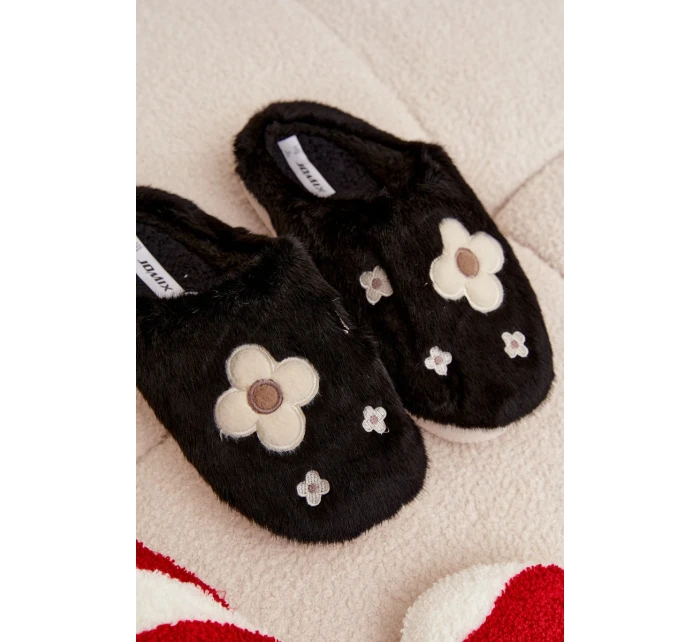 Dámské papuče s kožíškem a květinkami – černé Selinne Dámské papuče s kožíškem a květinkami – černé Selinne