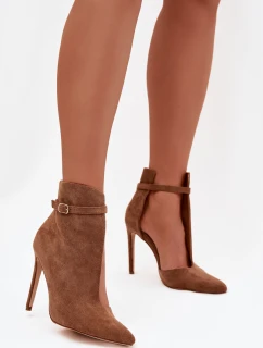 Dámské kotníkové boty na jehlovém podpatku z eko semiše tmavě béžové Amalundi