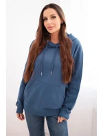 Dámská mikina s kapucí a klokaní kapsou z bavlny džínová modrá