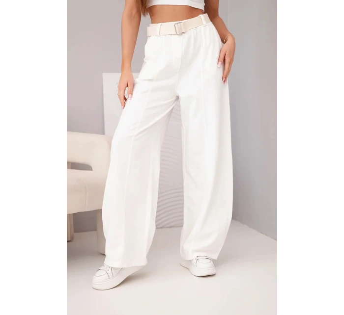 Dámské bavlněné kalhoty se širokými nohavicemi a páskem ecru