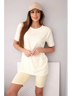 Dámský viskózový pruhovaný komplet s krátkým rukávem a šortkami žlutý