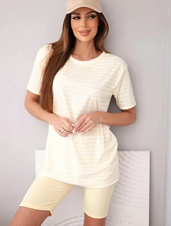 Dámský viskózový pruhovaný komplet s krátkým rukávem a šortkami žlutý