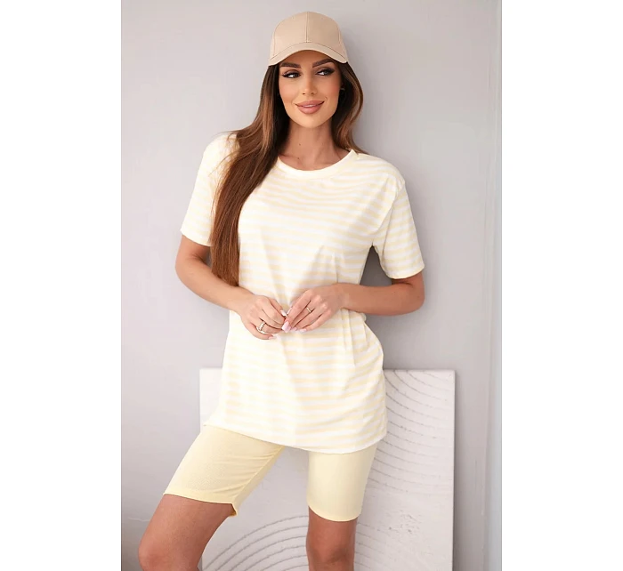 Dámský viskózový pruhovaný komplet s krátkým rukávem a šortkami žlutý