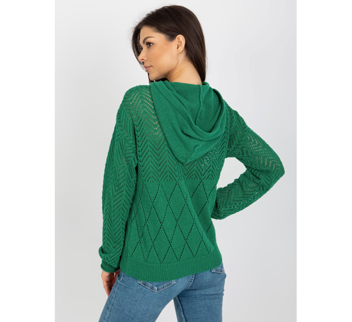 Zelený prolamovaný letní svetr s kapucí