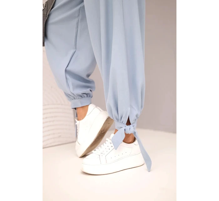 Dámské kalhoty s širokými nohavicemi a zavazováním dole džínové modré