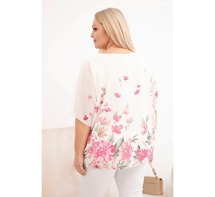 Dámská halenka Plus Size s krátkým rukávem a květinovým potiskem růžová