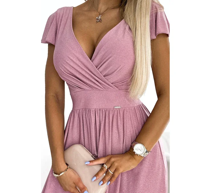 425-2 MATILDE Šaty s hlubokým výstřihem a krátkými rukávy - pudrově růžové s brokátem