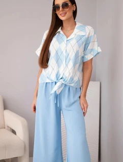 Dámská souprava viskózová košile s model 21952001 a kalhoty s gumou modrý - K-Fashion