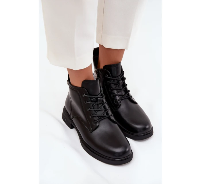 Zateplené kožené dámské boty na nízkém podpatku model 21710502 Černé - VINCEZA