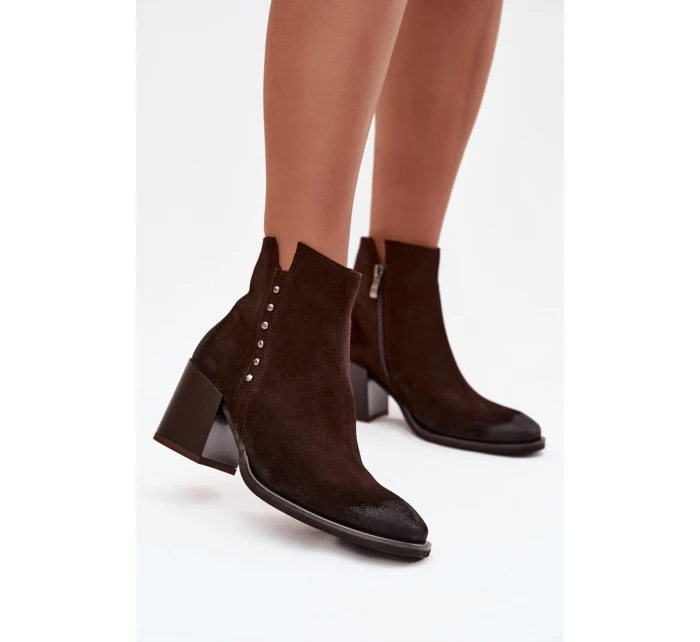 Dámské kotníkové boty z přírodního semiše na podpatku Zazoo 1136 čokoládové