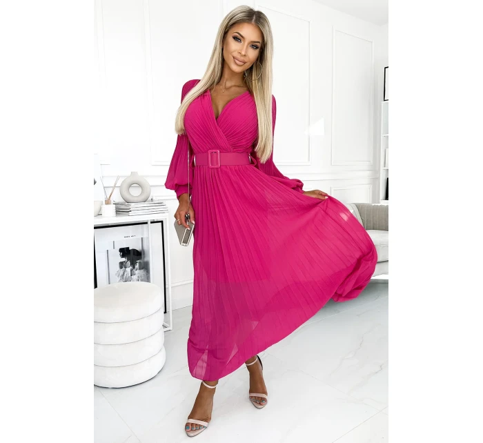 414-4 KLARA plisované šaty s páskem a výstřihem - FUKSY