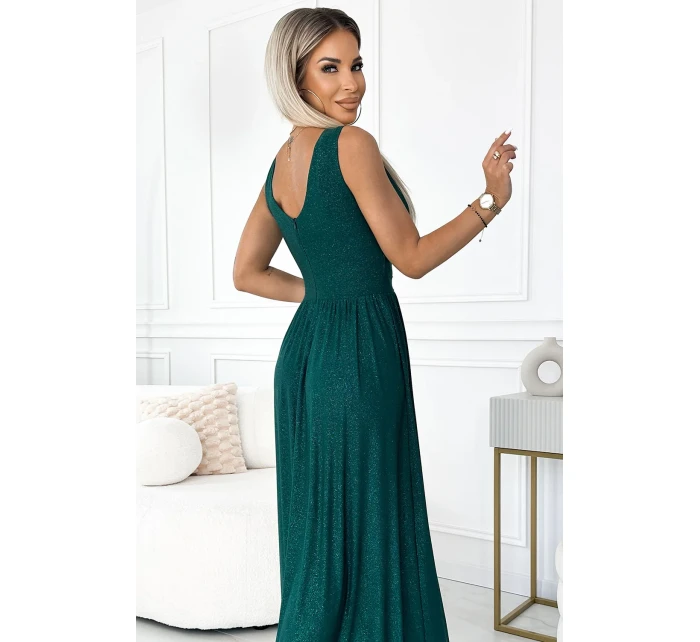 490-3 SUSAN Dlouhé brokátové šaty s výstřihem a prošíváním v pase - BOTTLE GREEN 490-3 SUSAN Dlouhé brokátové šaty s výstřihem a prošíváním v pase - BOTTLE GREEN