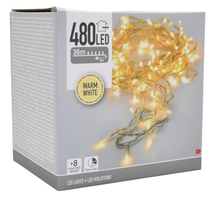 VÁNOČNÍ STROMEK SVĚTELNÝ ŘETĚZ 480 VEDL ČASOVAČ TEPLÁ BÍLÁ PRŮHLEDNÝ DRÁT