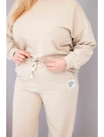 Dámský komplet Plus Size bavlněný s volnou mikinou a kalhotami s širokým nohavicí béžový