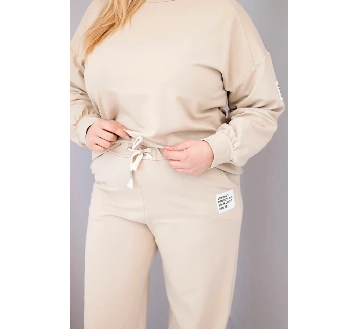 Dámský komplet Plus Size bavlněný s volnou mikinou a kalhotami s širokým nohavicí béžový