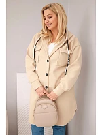 Dámský kabát Plus Size s kapucí zapínaný na knoflíky tmavě béžový