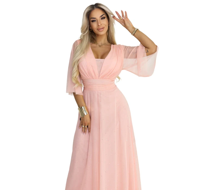 Dlouhé třpytivé plus size šaty s výstřihem a rukávy broskvová barva model 21961748 - numoco basic