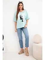 Dámská bavlněná oversize halenka s krátkým rukávem a módním potiskem tmavě mátová